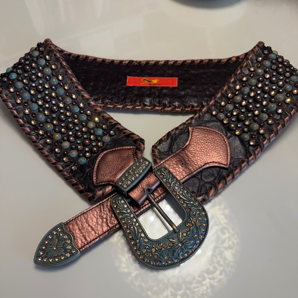 Kurtmen Designs Studded Leather Belt | Turquoise & Crystal Embellished | Size S